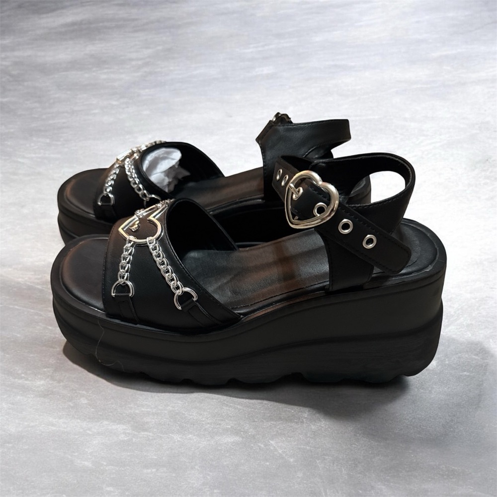 Black Vegan leather MaryJanes Gothic/Punk Heart-Embellished Platform Sandals - Picture 2 of 3